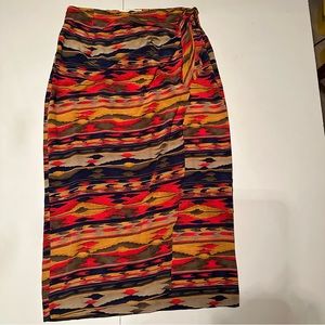 Jones New York Silk Vintage Red Yellow Southwestern Aztec Faux Wrap Maxi Shirt
